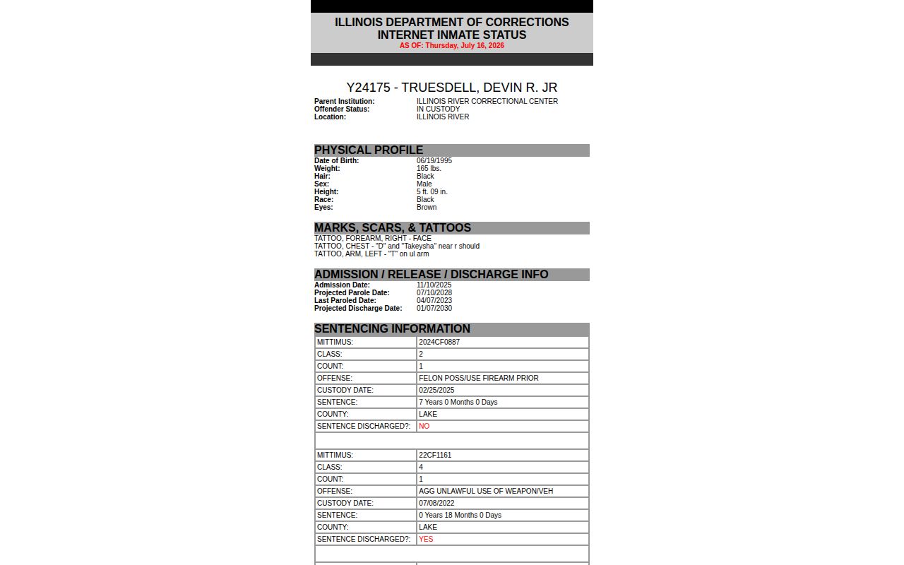 Illinois IDOC result displaying a projected parole date